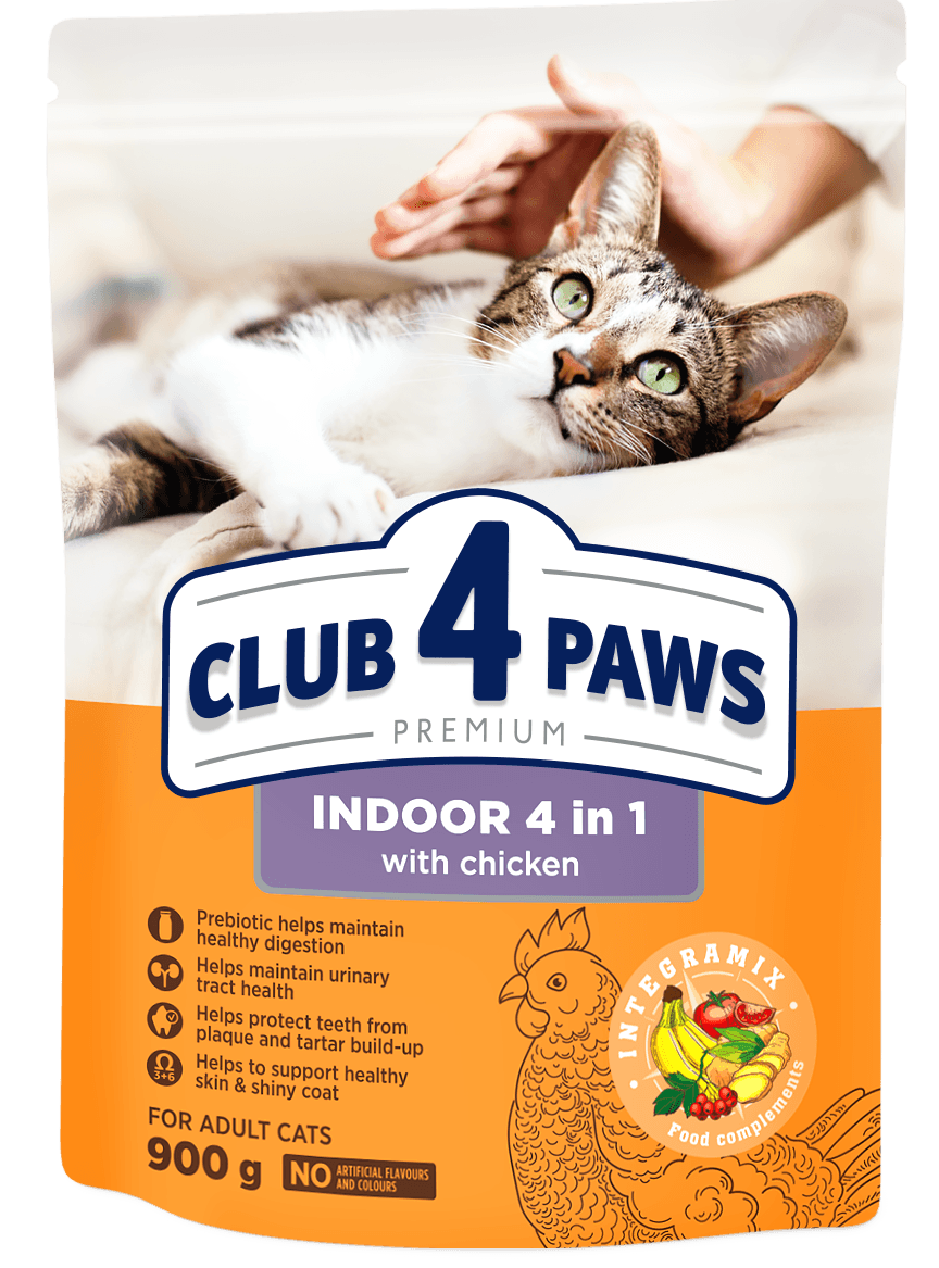 Club 4 Paws Indoor 4in1 Dry Food with Chicken for Adult Cats 900g